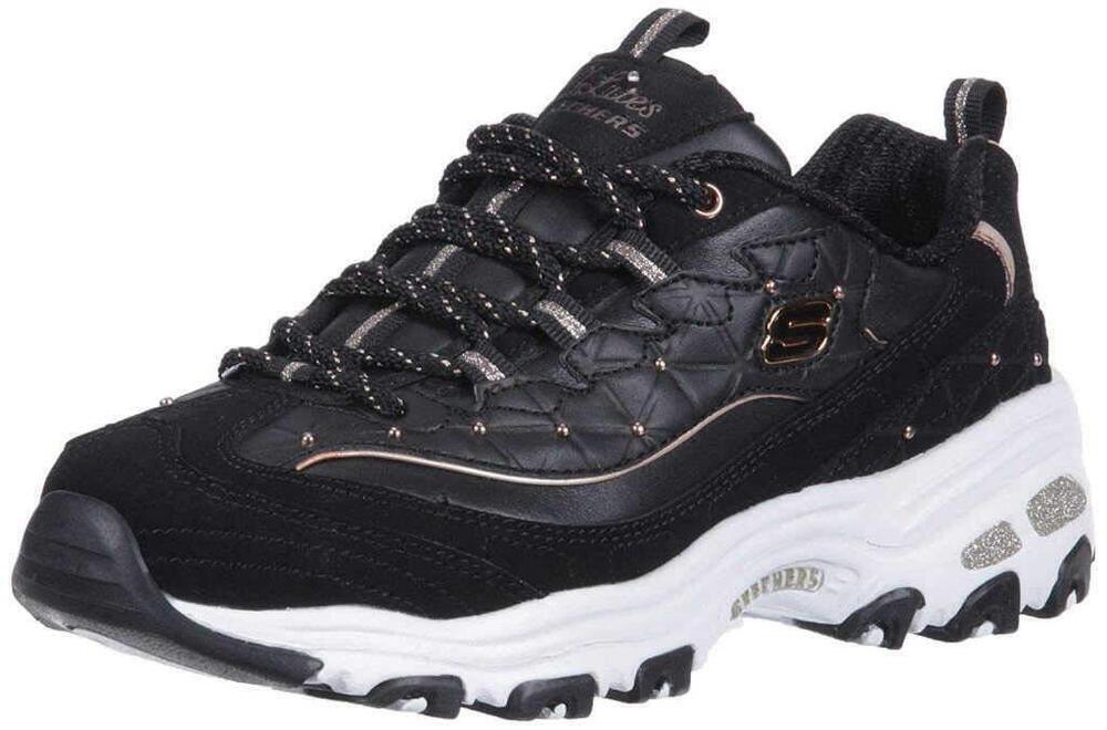 SKECHERS WOMEN'S D'LITES SNEAKER, BLACK ROSE GOLD, 8.5 M US